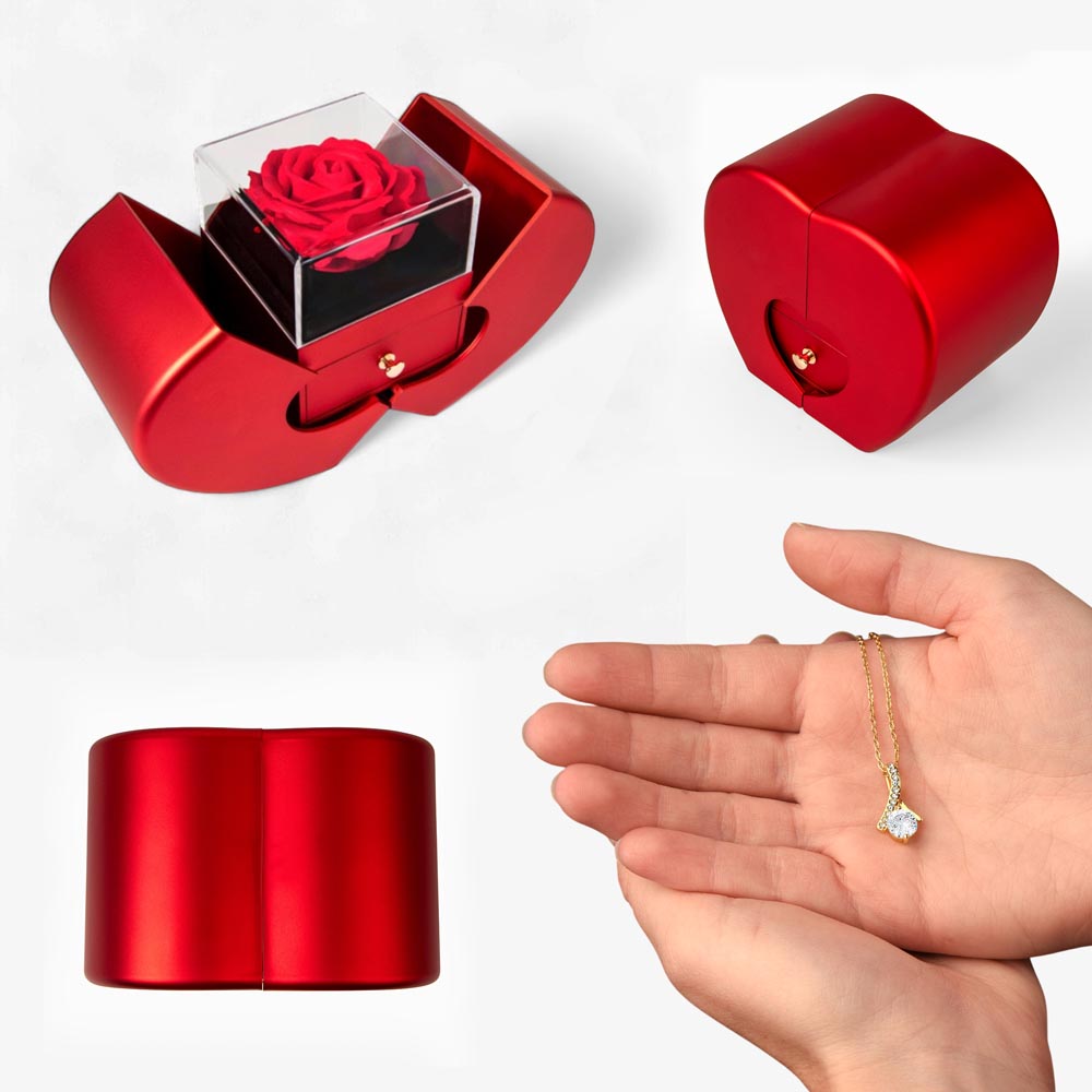 Enchanting Beauty Necklace with Red Heart & Rose Gift Box – Elegant Romantic Gift for Her